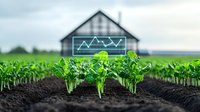 Young green seedlings growing in soil with digital agriculture analytics overlay and farmhouse in background showing smart farming technology advancement.