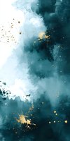 Abstract teal watercolor background with gold splatter accents. Ethereal emerald green and white clouds blend with metallic golden drops for luxury design projects.