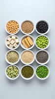 Variety of plant-based protein sources including legumes, beans, tofu, quinoa and seeds arranged in white bowls on neutral background for healthy eating.