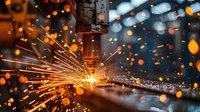 Industrial laser cutting process with bright orange sparks flying in all directions against dark background, closeup of precision metalworking operation in manufacturing facility.