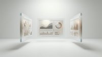 Young professional woman with light skin tone presenting financial data and business analytics on transparent glass panels in modern office setting, suitable for corporate presentations and business communications.