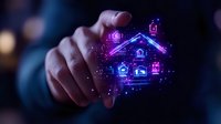 Glowing neon smart home interface with holographic house icons and digital controls, finger pointing at futuristic technology display against dark background.