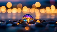 Glowing crystal sphere on pebbles with warm bokeh lights creating magical evening atmosphere for meditation and spiritual wellness concepts.