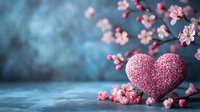 Pink glitter heart with delicate cherry blossoms against blue textured background, creating romantic atmosphere for Valentine's Day designs.