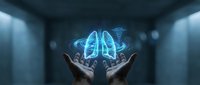 Hands presenting glowing blue holographic lungs with medical symbols in futuristic healthcare technology concept for respiratory medicine and digital health innovation.