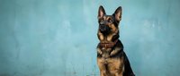 German Shepherd puppy sitting against turquoise blue wall wearing leather harness. Young dog portrait for pet training and care concepts.