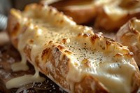 Delicious melted cheese and black pepper on toasted baguette slice creates perfect French cuisine appetizer. Close-up macro shot ideal for restaurant menu or food blog.
