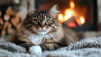 Fluffy long-haired tabby cat relaxing on soft gray blanket near fireplace. Cozy winter evening atmosphere with warm fire glow creates peaceful domestic scene.