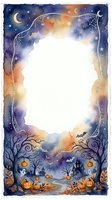 Halloween watercolor frame with spooky trees, pumpkins, bats and starry night sky. Copy space for text, invitations, cards and seasonal designs.