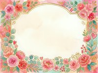 Floral frame with pink and coral roses, green foliage, and decorative gold border on cream background. Isolated design element suitable for invitations, cards, and digital projects.