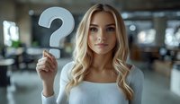 Young blonde woman with wavy hair holding gray question mark symbol in modern office interior, expressing curiosity and uncertainty while looking at camera.