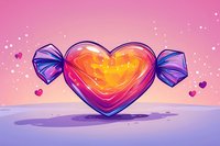Heart-shaped candy wrapped in purple paper on pink gradient background with small floating hearts, romantic cartoon style illustration for Valentine designs.