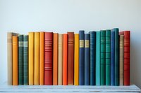 Row of vintage hardcover books in various colors including yellow, red, blue, and green standing on white wooden shelf against light wall background.