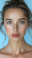 Close-up beauty portrait of young woman with natural freckles, blue eyes and messy updo hairstyle against blue background. Perfect for cosmetic advertising and beauty industry.