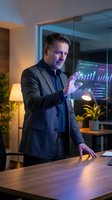 Middle-aged Caucasian businessman in suit analyzing holographic financial data charts and graphs in modern office environment with futuristic technology interface.