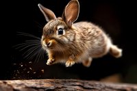Playful brown rabbit jumping over wooden log against dark background, captured in dynamic motion with detailed fur texture and expressive face. For nature and wildlife projects.