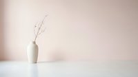 Minimalist white ceramic vase with dried branches on clean surface against soft pink wall background for modern interior design and home decor projects.