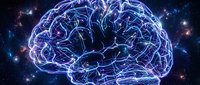 Glowing purple brain with electric neural pathways against starry space background. Digital neuroscience concept for medical research and artificial intelligence applications.