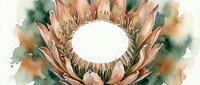 Watercolor protea flower bloom with soft pink petals and green foliage on white background. Botanical illustration for wedding invitations and floral designs.