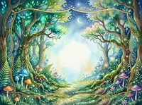 Enchanted forest clearing with magical trees forming natural archway under starry night sky with crescent moon and mystical atmosphere.