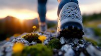 Hiking boots on rocky mountain trail at sunset with small yellow wildflowers growing between stones, showcasing outdoor adventure.