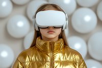 Young woman wearing VR headset and golden metallic jacket exploring virtual reality technology against white spherical background for futuristic concepts.