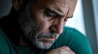 Middle-aged bearded man with gray hair wearing green shirt showing signs of depression and anxiety in dramatic low key lighting, looking down with worried expression.