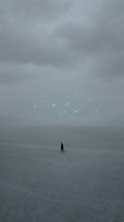 Solitary figure walking across vast empty landscape with glowing digital network nodes and connecting lines floating above, representing data connection, innovation, and technological advancement in isolated environment.