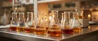 Young scientist or chemist examining amber-colored liquid samples in glass beakers arranged on laboratory table, conducting research or quality testing in modern scientific facility.