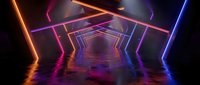 Futuristic neon tunnel with glowing geometric frames creating perspective corridor in cyberpunk style for modern digital backgrounds and sci-fi designs.