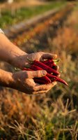 Farmer hands holding fresh red chili peppers at sunset in organic garden with warm golden light for cooking and agriculture concepts.