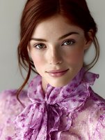 Young woman with natural freckles and red hair wearing romantic purple floral blouse with ruffled collar, looking directly at camera with gentle smile. Soft natural lighting.