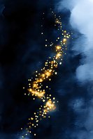 Magical golden sparkles and glowing particles flowing in spiral pattern against deep navy blue watercolor background, creating ethereal celestial effect.