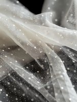 Ethereal white fabric with water droplets in macro photography, creating soft flowing curves and delicate texture against dark background. Artistic fashion detail.