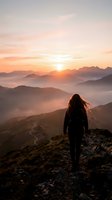 Young woman hiker standing on mountain summit at golden sunrise, overlooking misty valley layers and winding trail below.