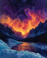 Mystical winter landscape with aurora-like flames dancing in purple and orange sky above snowy mountains, reflecting in calm river at twilight. Stars sparkle in deep space.