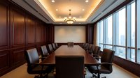 Elegant executive boardroom with mahogany table, leather chairs and city view windows for corporate meetings and business presentations.