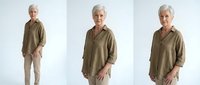 Senior woman with short gray hair wearing olive button-up shirt and beige pants, shown in three poses against white background for fashion and lifestyle design projects.