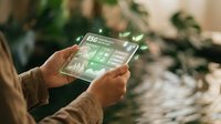 Person using tablet displaying ESG environmental social governance dashboard with sustainability metrics and green data visualization for corporate reporting.