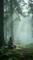 Peaceful man meditating in misty forest surrounded by tall evergreen trees with sunbeams filtering through fog creating serene spiritual atmosphere.