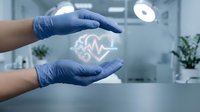 Medical professional in blue gloves protecting DNA double helix hologram in modern healthcare laboratory representing genetic research and biotechnology.