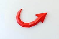 Red curved arrow pointing upward on white background shows growth, progress and positive direction. Isolated graphic element for business presentations.