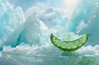 Fresh aloe vera slice floating on crystal clear water with ice and splashes against turquoise background, natural skincare and wellness concept.