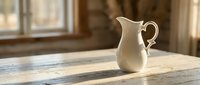 Cream-colored ceramic pitcher on rustic wooden table with natural sunlight, suitable for home decor, tableware styling, and interior design projects.