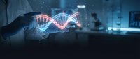 Scientist hands holding glowing DNA double helix hologram in modern laboratory for genetic research and biotechnology innovation.