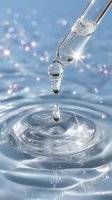 Crystal clear water drops falling from glass dropper creating concentric ripples on liquid surface with sparkling bokeh effects in blue tones.