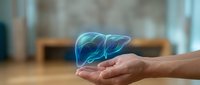 Holographic liver organ floating above open palm representing healthcare technology, medical innovation, and organ protection concepts for wellness campaigns.