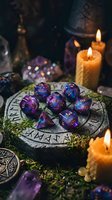 Mystical purple dice set on ancient stone altar with flickering candles and crystals creating atmospheric tabletop gaming scene for fantasy role-playing adventures.