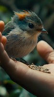 Tiny wild bird with blue-gray feathers perched on palm with seeds, showing trust in close-up macro shot. Natural wildlife feeding moment captured in soft focus.