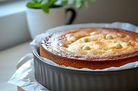 Freshly baked homemade cheesecake with golden brown top in ceramic baking dish, close-up view showing creamy texture and caramelized surface.